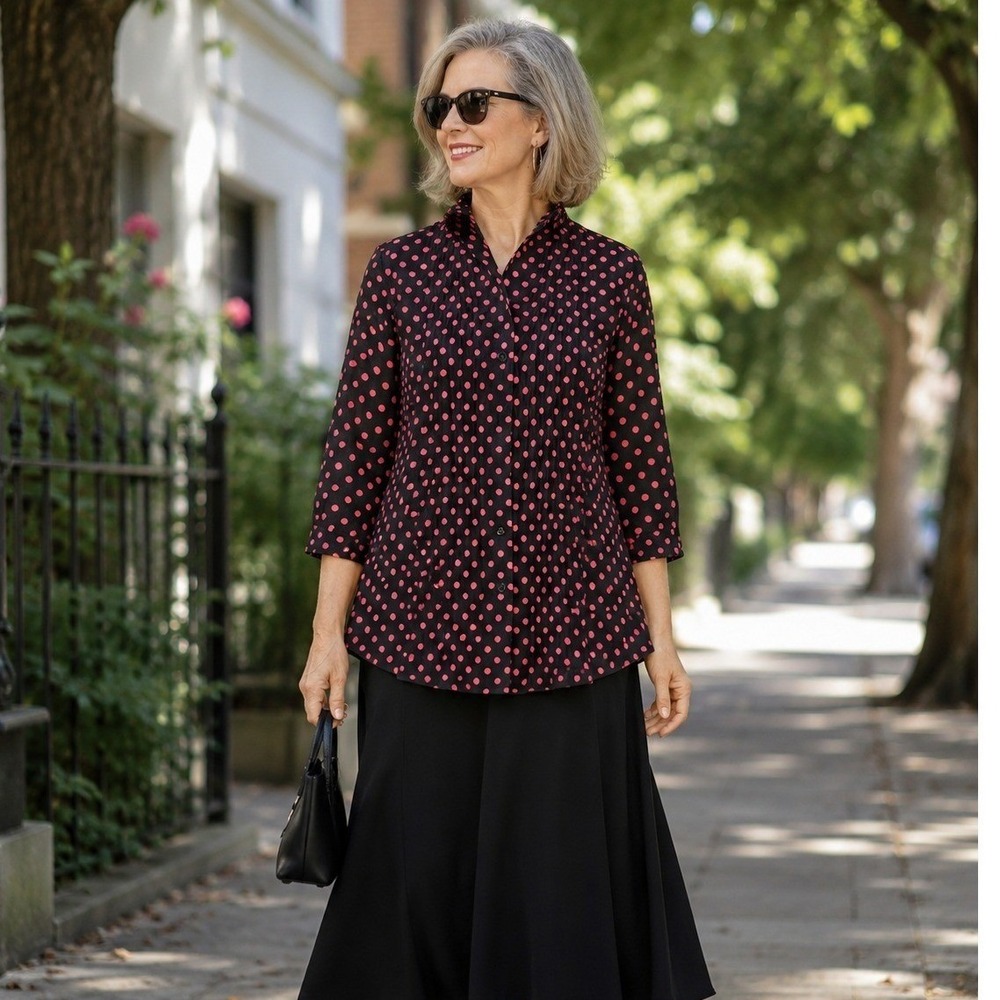 Beluva‎ Womens Red & Black Polka Dot 3/4 Sleeve Button-Up Pleated Blouse Medium